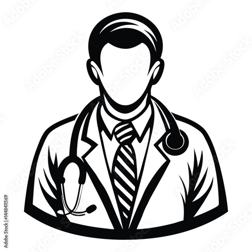 Doctor man vector illustration. Doctor in white coat. Stethoscope, doctor line art