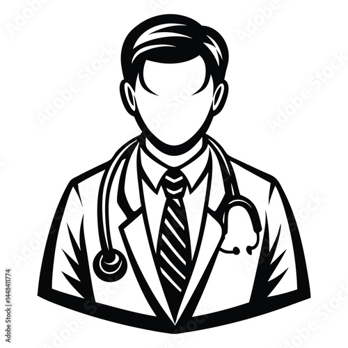 Doctor man vector illustration. Doctor in white coat. Stethoscope, doctor line art