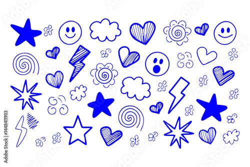 Hand drawn doodle icon set with stars, hearts, smiley faces, clouds, suns, spirals, lightning bolts, and flowers in a playful sketch style on a white background.