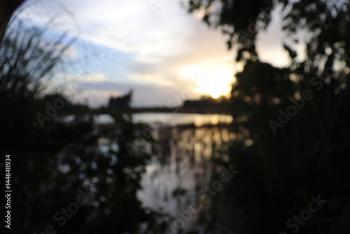 Defocused scenery capturing sunset reflected in a serene water body and blurred trees