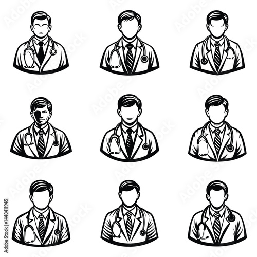 Doctor man vector illustration. Doctor in white coat. Stethoscope, doctor line art