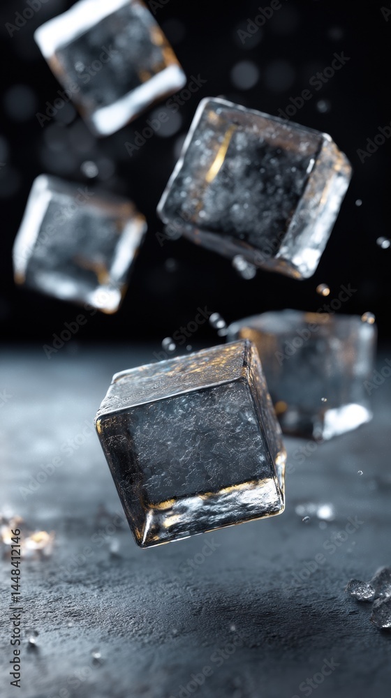 Floating Ice Cubes with Visible Bubbles and Droplets Floating Ice Cubes with Visible Bubbles and Droplets