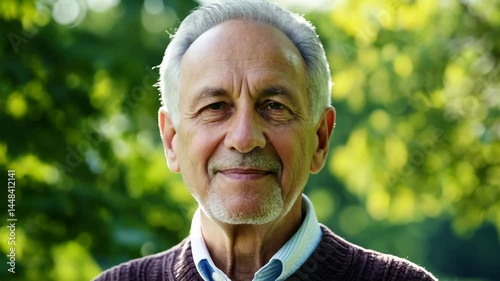 Elderly man smiling warmly in a green natural setting  