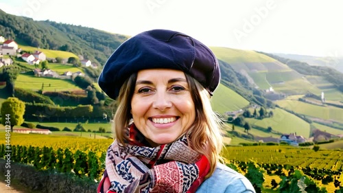 Smiling woman wearing a beret standing in a vineyard landscape  