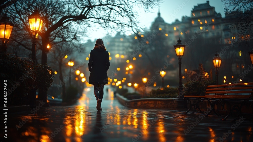 Fototapeta premium Woman Walks Alone Through a Rain-Kissed Night