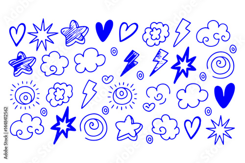 Hand drawn doodle icon set with stars, hearts, smiley faces, clouds, suns, spirals, lightning bolts, and flowers in a playful sketch style on a white background.