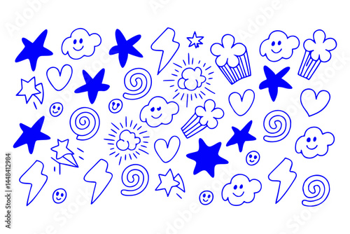 Hand drawn doodle icon set with stars, hearts, smiley faces, clouds, suns, spirals, lightning bolts, and flowers in a playful sketch style on a white background.
