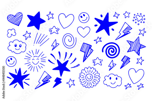 Hand drawn doodle icon set with stars, hearts, smiley faces, clouds, suns, spirals, lightning bolts, and flowers in a playful sketch style on a white background.