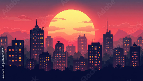 retro pixel art cityscape with 8-bit buildings and a glowing sunset, nostalgic and playful desktop wallpaper aesthetic