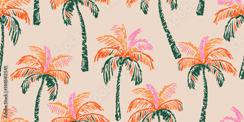 Tropical pattern with freehand drawn palm trees. Hawaiian summer background. Coconut tree print for fabric, textiles, packaging, cover, poster, banner, wallpaper, interior decor. Vector illustration.