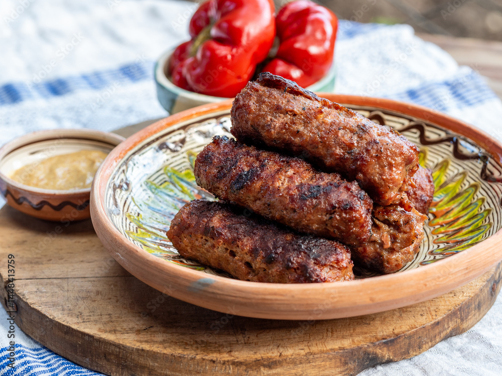 pickled peppers with meat rolls mititei and mustard traditional romanian food