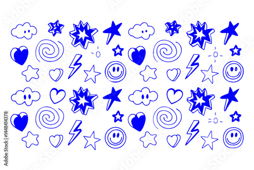Hand drawn doodle icon set with stars, hearts, smiley faces, clouds, suns, spirals, lightning bolts, and flowers in a playful sketch style on a white background.