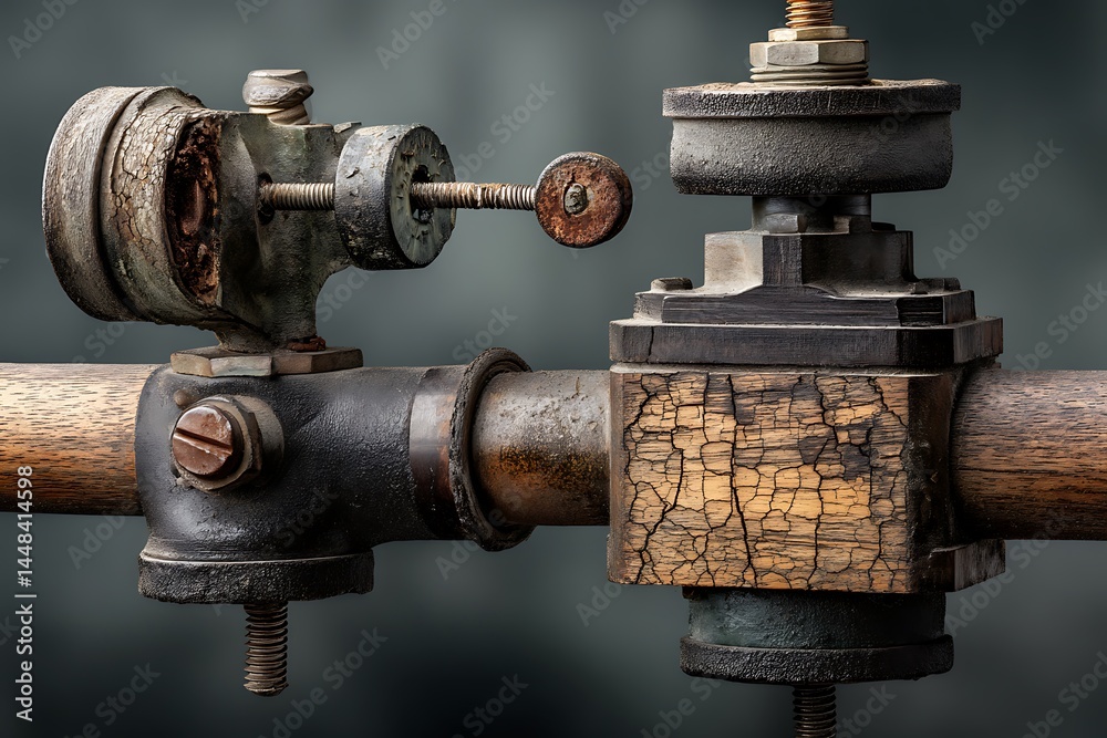 Closeup view of a weathered and rusted metal pipe with a wooden section, showcasing intricate details of an antique industrial machine Closeup view of a weathered and rusted metal pipe with a wooden section, showcasing intricate details of an antique industrial machine