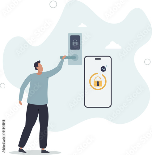 Smart door lock with digital smartphone key access. character life .