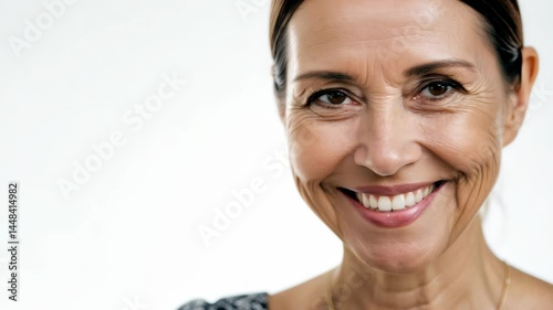Mature woman smiling warmly against a clean white background  