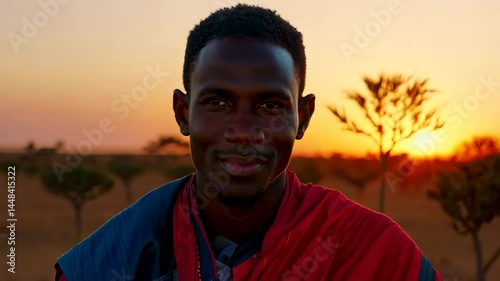 African man smiling at sunset in the savannah  