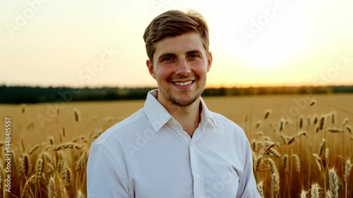 Young man smiling while holding a sheaf of wheat in a golden field  