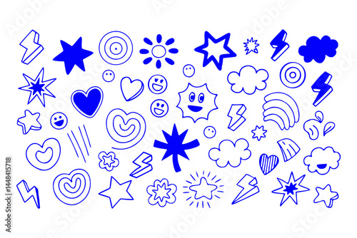 Hand drawn doodle icon set with stars, hearts, smiley faces, clouds, suns, spirals, lightning bolts, and flowers in a playful sketch style on a white background.