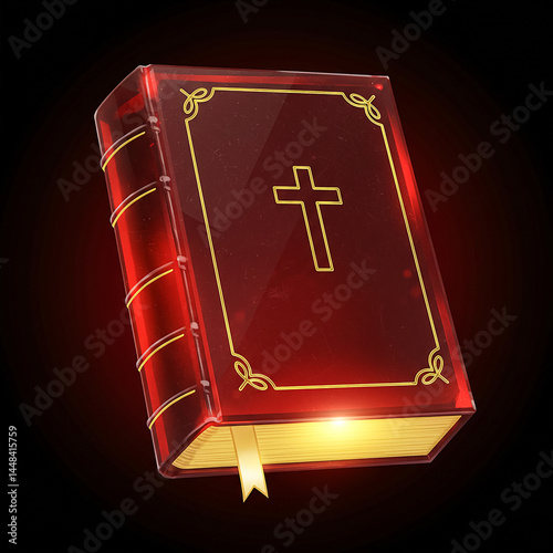 Glowing holy bible with gold cross emitting light on dark background