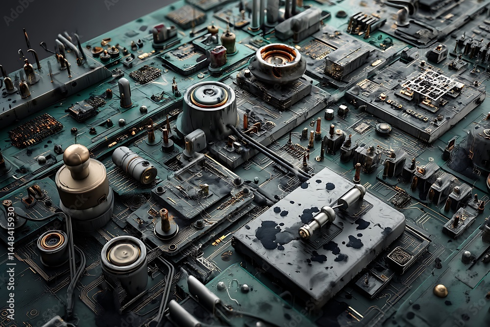 Fototapeta premium Abstract digital art, showcasing a detailed close-up of a weathered circuit board with metallic components, wires, and connections, creating a futuristic and grunge aesthetic.