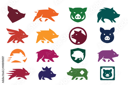 Wild Boar Pig Silhouette Animal Logo Icons Vector Set