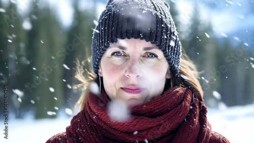 Sami woman with a peaceful expression, who is looking at the camera, standing in a snowy landscape 