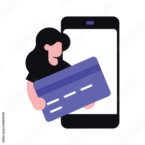 Woman Holding Credit Card Near Smartphone Online Payment, Mobile Banking, E-commerce Concept Illustration