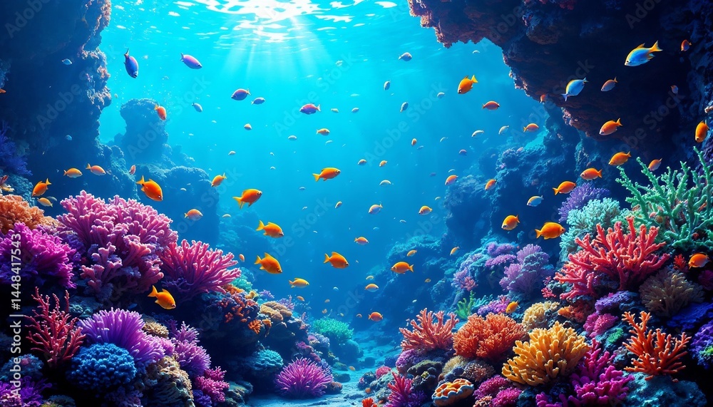 Fototapeta premium Underwater Paradise: A vibrant underwater scene teems with life, colorful coral reefs flourish, and a multitude of fish swim in the crystal-clear waters.