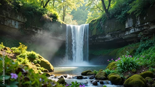 Serene waterfall cascading into a lush green forest  