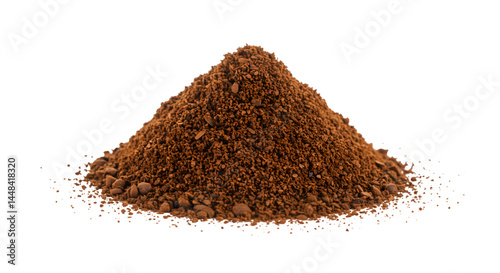 High-Resolution Image of a Conical Pile of Dark Brown Coffee Grounds Isolated on White Background, Ideal for Culinary, Beverage, or Food-Related Projects.