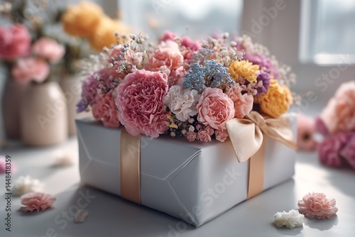 A beautifully wrapped Mothera??s Day gift surrounded by a burst of colorful flowers, creating an atmosphere of celebration and gratitude, with sunlight gently illuminating the scene.