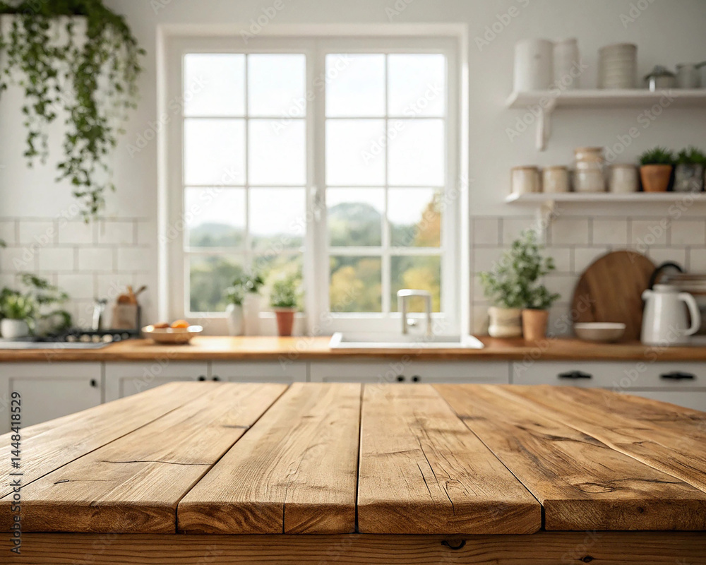 Fototapeta premium empty-wood-table-top-on-blur-kitchen-window-background