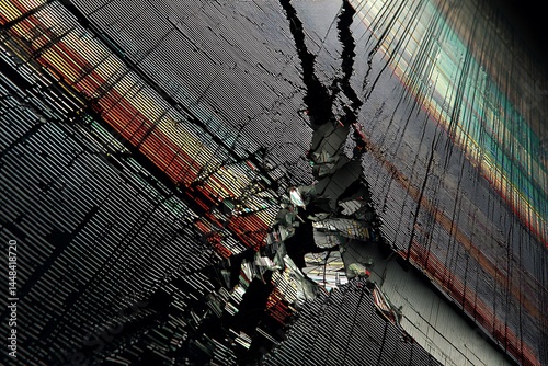 A fractured and shattered mineral surface, displaying an iridescent sheen with a captivating abstract pattern of lines, colors, and textures.