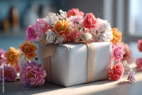 A beautifully wrapped Mothera??s Day gift surrounded by a burst of colorful flowers, creating an atmosphere of celebration and gratitude, with sunlight gently illuminating the scene.