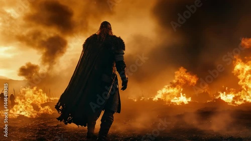 Mysterious Man in Cloak Standing by Fire in Medieval Scene