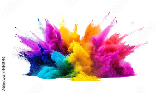 Rainbow dust powder explosion isolated background. Dynamic blast eruption, lgbt, party, celebration, festival. transparent PNG, 