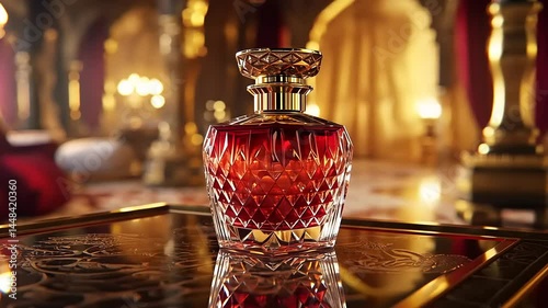 Luxurious crystal perfume bottle displayed elegantly in a lavish, opulent room with rich decor