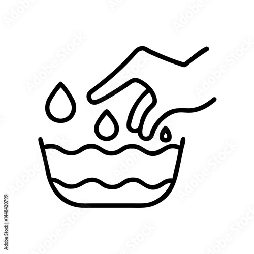 Hand dropping water droplets into a bowl icon, black outline, transparent background  