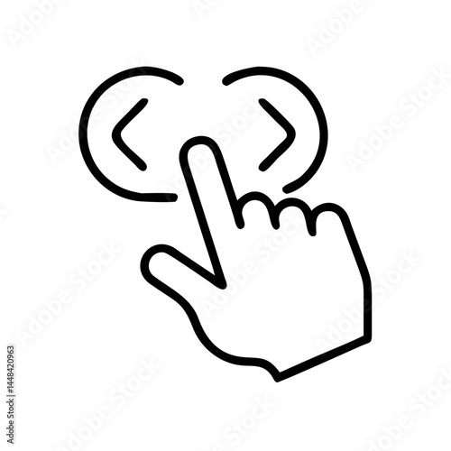 Hand interacting with soft touch icon, black outline, transparent background  