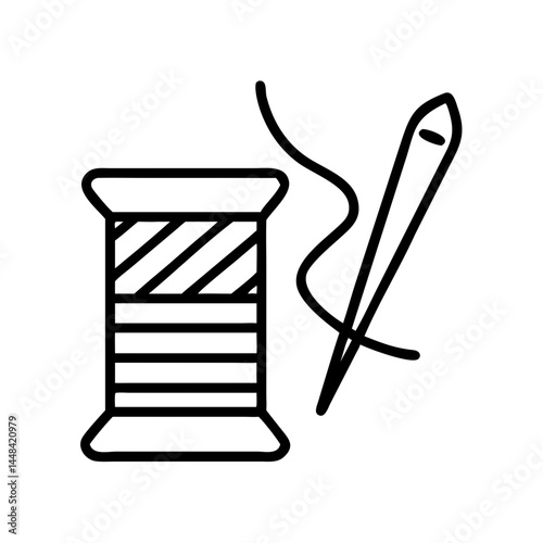 Sewing thread spool and needle icon in black outline on white background  