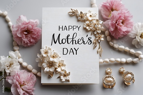 A bright and joyful Mother's Day card with the words "Happy Mother's Day" displayed in an elegant font, surrounded by blooming flowers and precious jewelry pieces that create a warm, celebratory vibe.