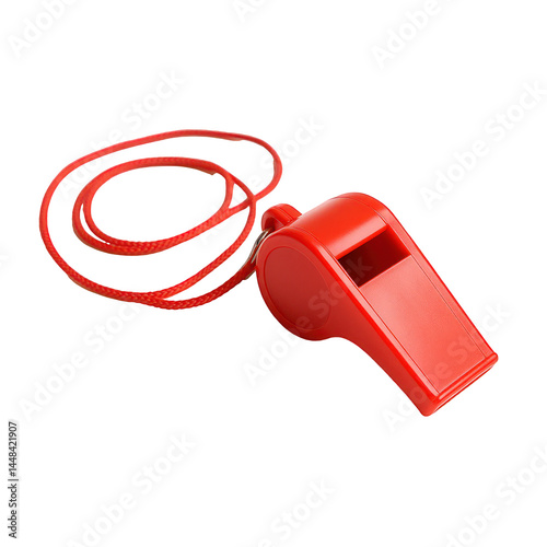 A reliable bright red plastic whistle with a durable red cord lies ready to make a powerful sound for signaling or gaining.