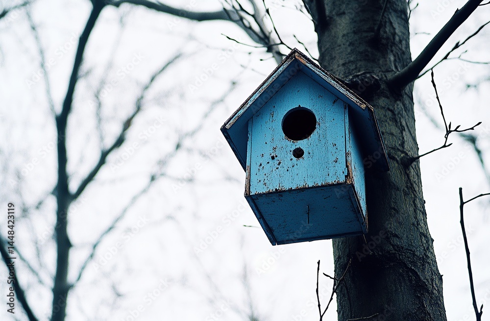 Rustic blue birdhouse on tree branch in winter with bare branches Rustic blue birdhouse on tree branch in winter with bare branches