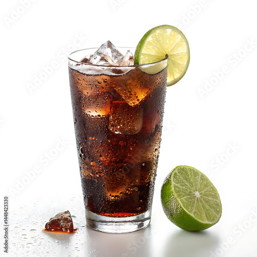 A glass of icy, clear cola, adorned with a lime wedge and beaded with condensation, invited refreshment on a sweltering day against an isolated white background.