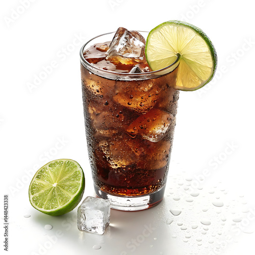A glass of icy, clear cola, adorned with a lime wedge and beaded with condensation, invited refreshment on a sweltering day against an isolated white background.