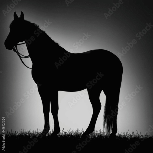 Majestic Horse Silhouette Against a Grayscale Background Elegant equine silhouette art print, perfect for equestrian enthusiasts and home decor.