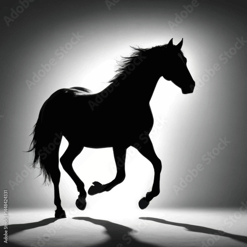 Majestic Black Stallion Silhouette Running Gracefully Against a Light Background