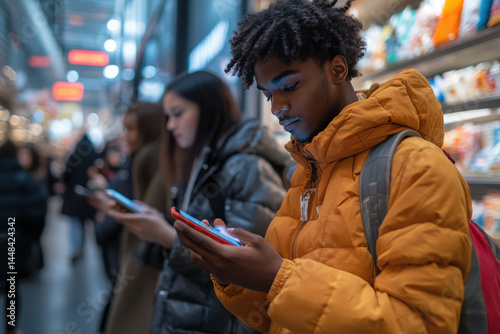 of diverse people engaged in online shopping using smartphones in modern retail environment.