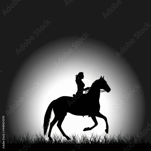 Silhouette of a Woman Riding a Horse at Night Under a Bright Moon