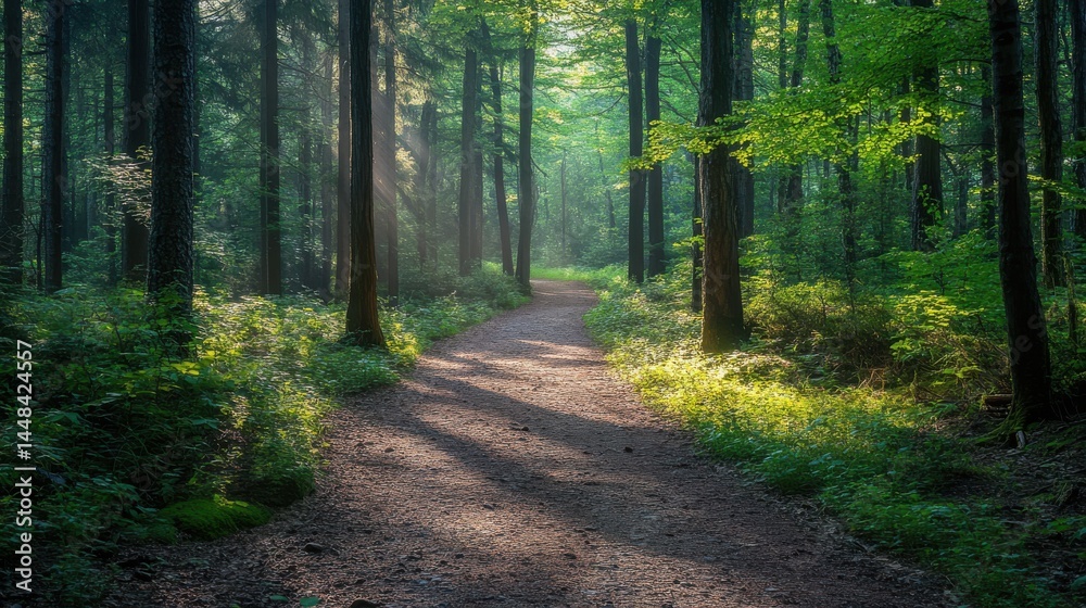 Fototapeta premium Forest hiking trail with sunlight filtering through trees